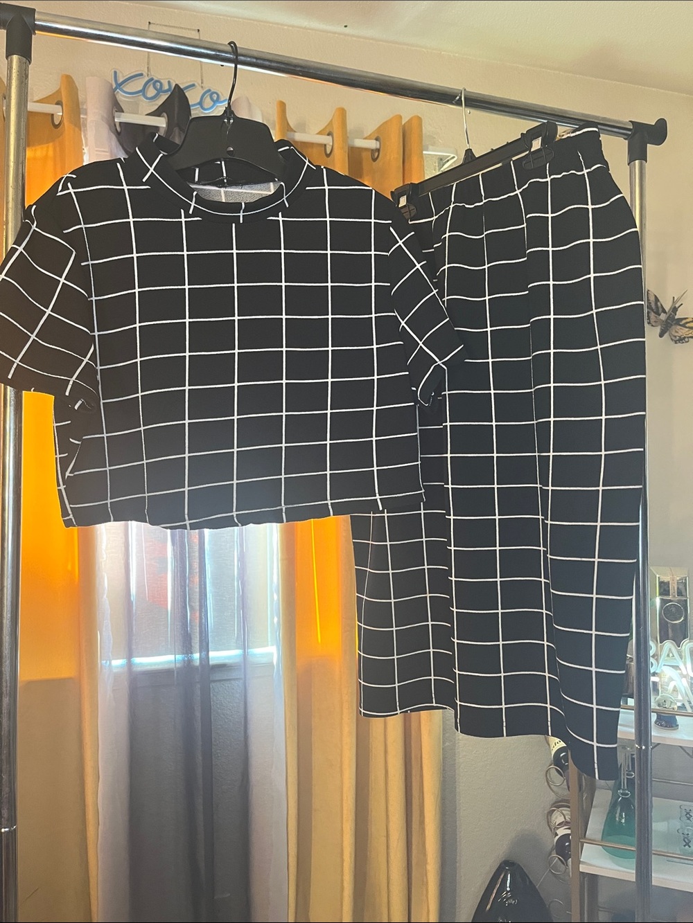 Sleek Black Grid Midi Skirt Set— Classic Checked
